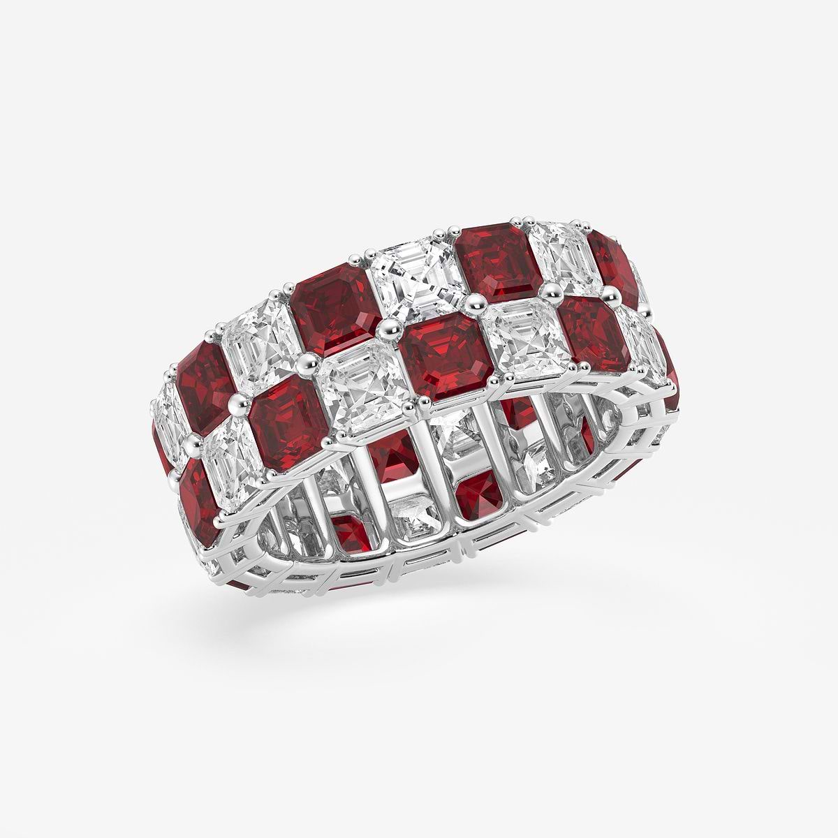 3.6x3.6 mm Asscher Cut Created Ruby and 5 1/2 ctw Asscher Lab Grown Diamond Alternating Two Row Eternity Band - 7.4mm Width Platinum