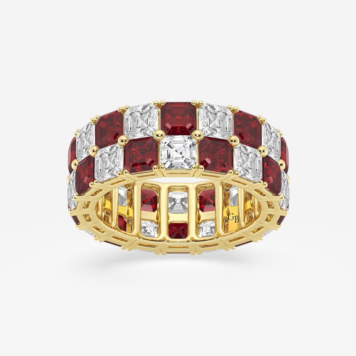 3.6x3.6 mm Asscher Cut Created Ruby and 5 1/2 ctw Asscher Lab Grown Diamond Alternating Two Row Eternity Band - 7.4mm Width