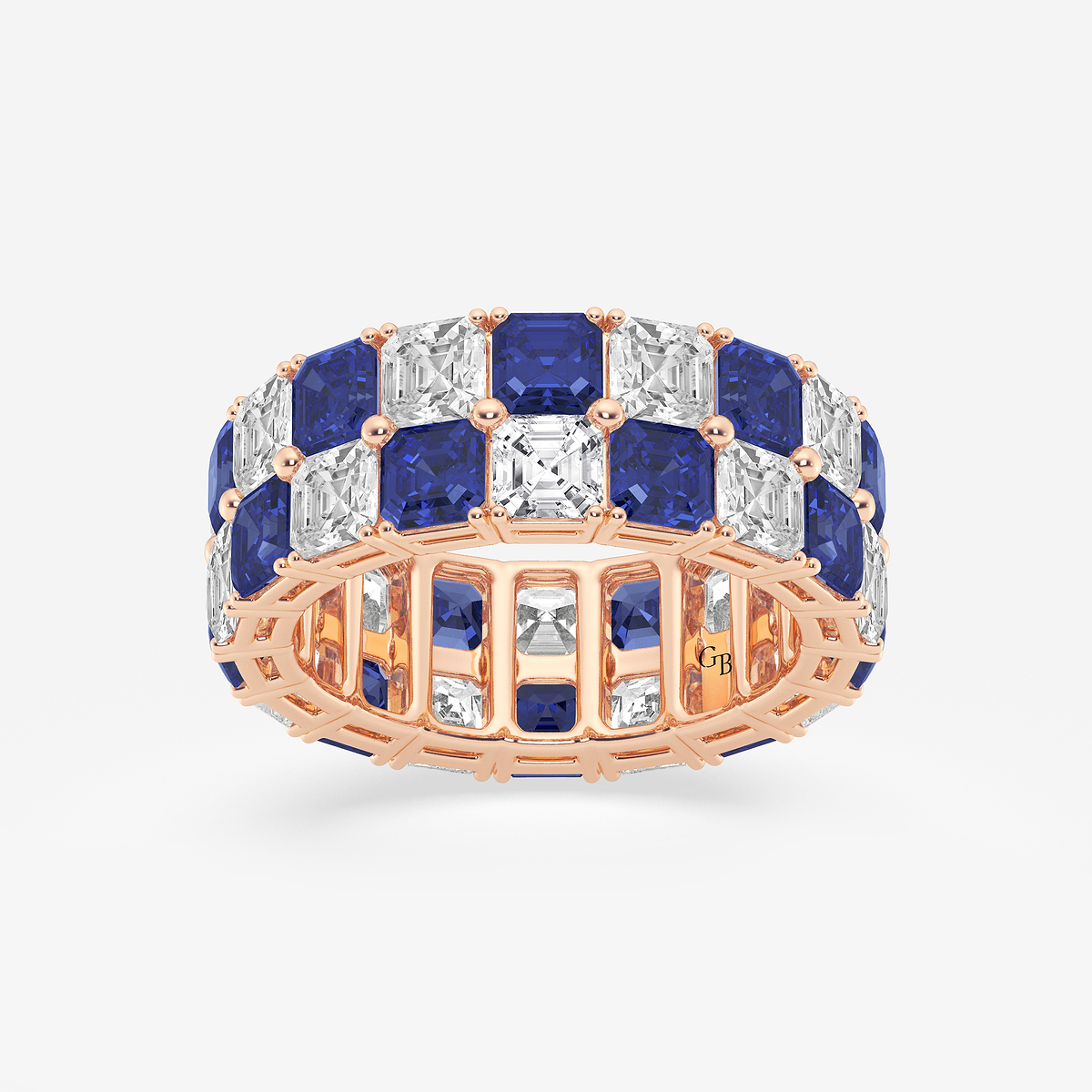 3.6x3.6 mm Asscher Cut Created Sapphire and 5 1/2 ctw Asscher Lab Grown Diamond Alternating Two Row Eternity Band - 7.4mm Width