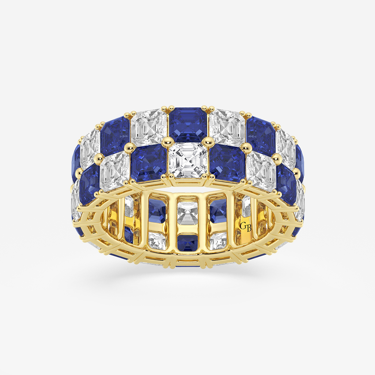 3.6x3.6 mm Asscher Cut Created Sapphire and 5 1/2 ctw Asscher Lab Grown Diamond Alternating Two Row Eternity Band - 7.4mm Width