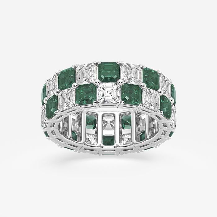 Asscher Cut Created Emerald Alternating Two Row Eternity Band