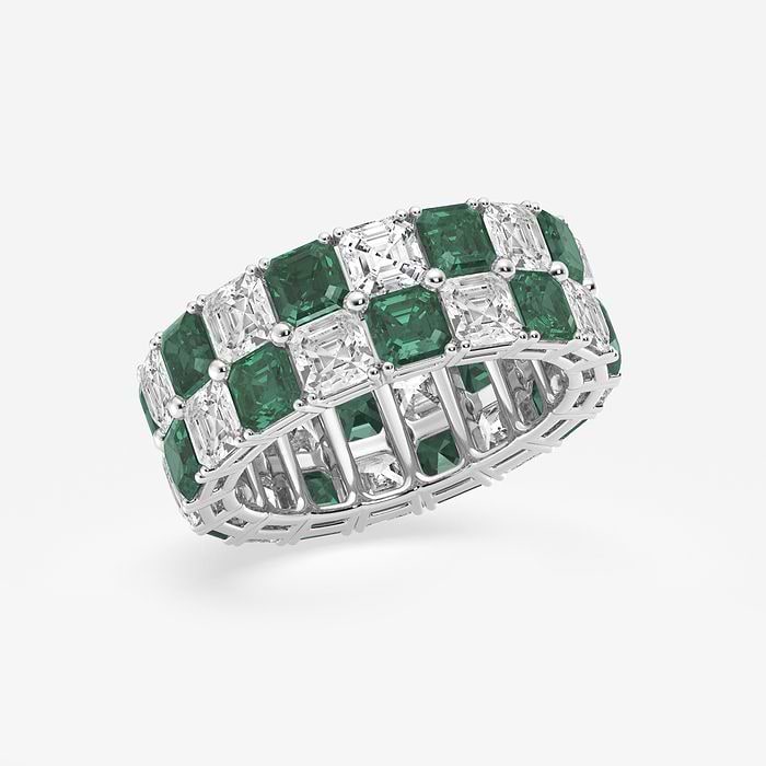 Asscher Cut Created Emerald Alternating Two Row Eternity Band