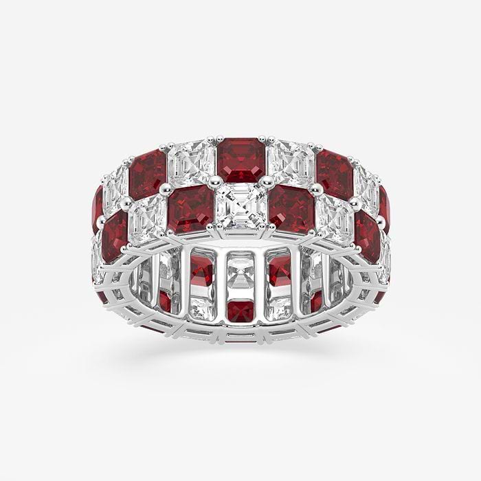 3.6x3.6 mm Asscher Cut Created Ruby and 5 1/2 ctw Asscher Lab Grown Diamond Alternating Two Row Eternity Band - 7.4mm Width Platinum