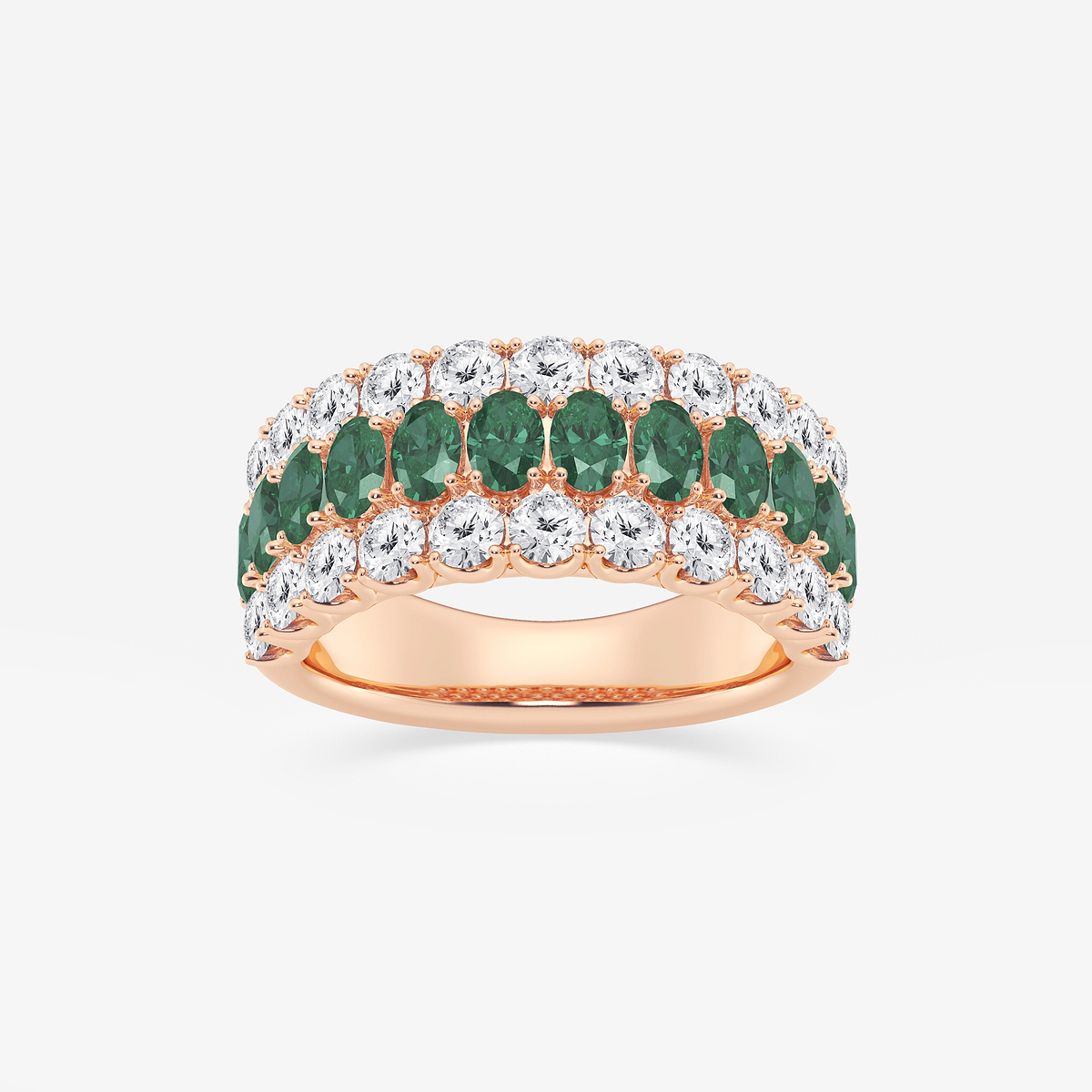 3.9x2.8 mm Oval Cut Created Emerald and 1 1/2 ctw Round Lab Grown Diamond Three Row Ring
