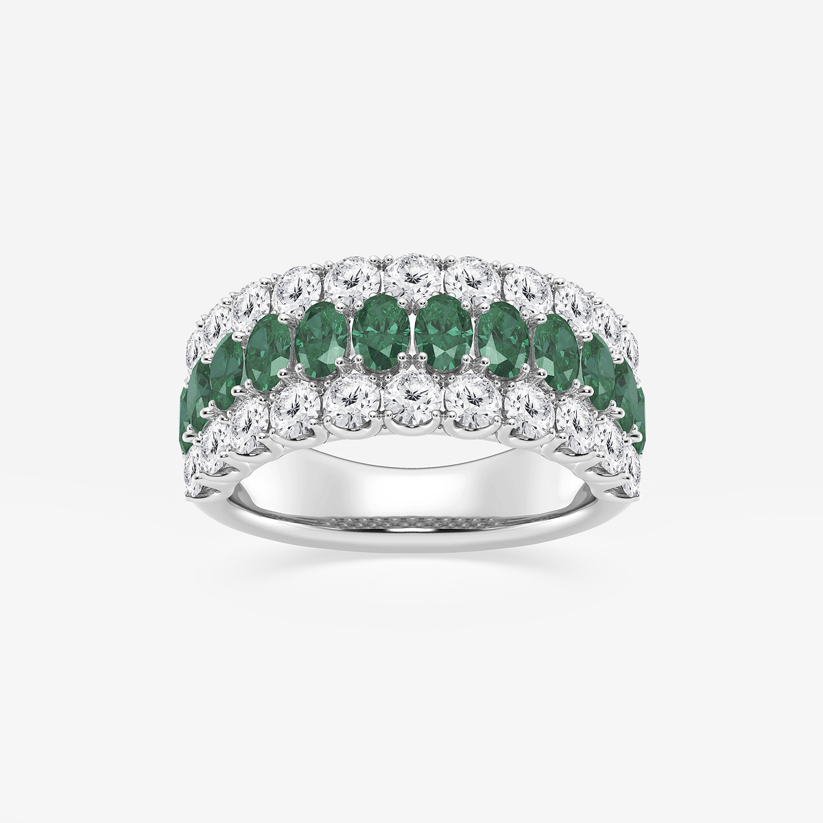 3.9x2.8 mm Oval Cut Created Emerald and 1 1/2 ctw Round Lab Grown Diamond Three Row Ring