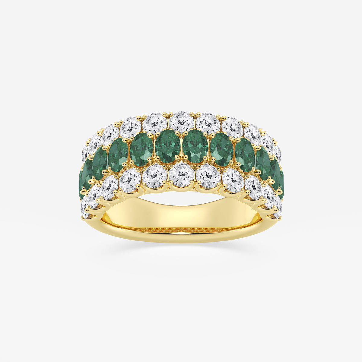 3.9x2.8 mm Oval Cut Created Emerald and 1 1/2 ctw Round Lab Grown Diamond Three Row Fashion Ring 14K Yellow Gold