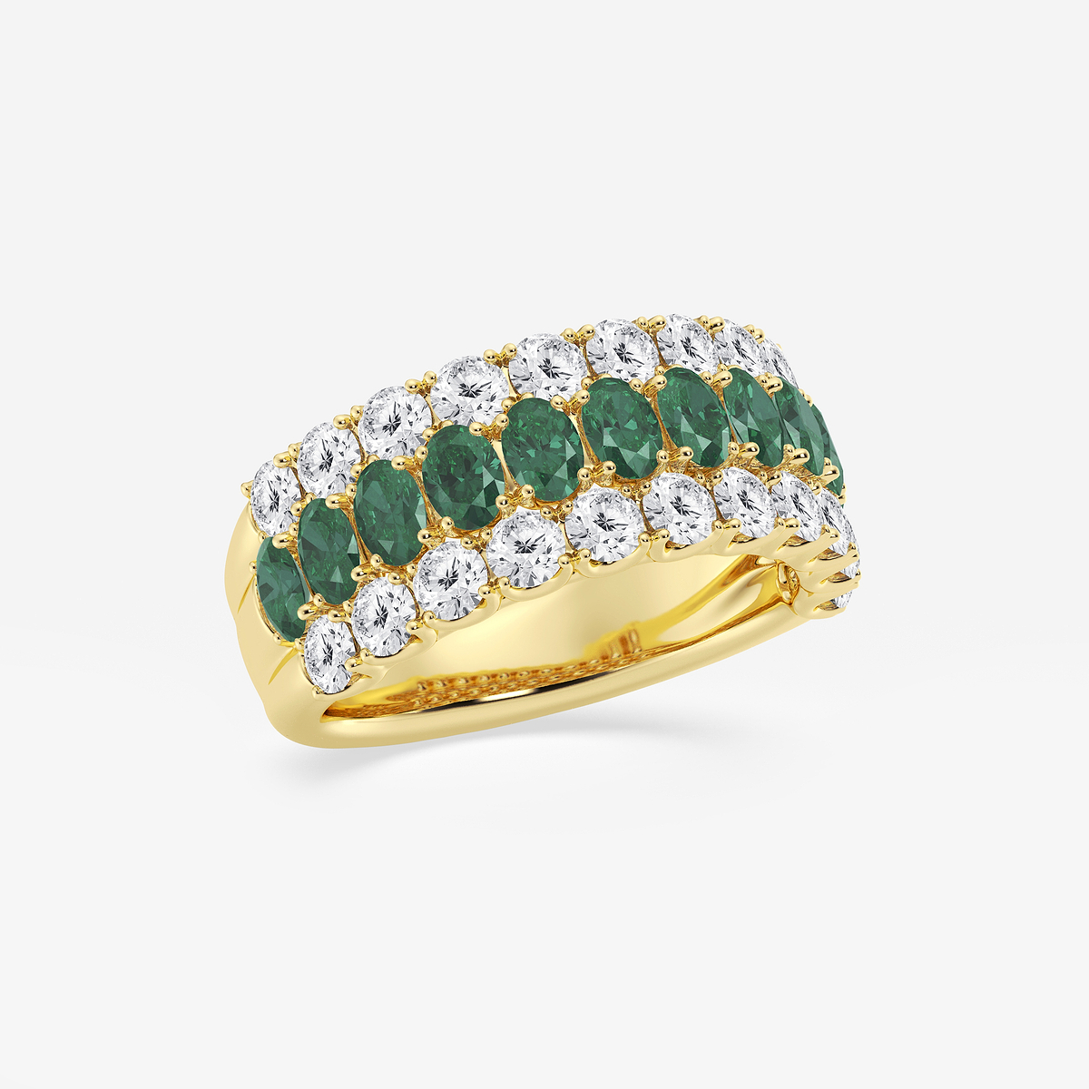 3.9x2.8 mm Oval Cut Created Emerald and 1 1/2 ctw Round Lab Grown Diamond Three Row Fashion Ring 14K Yellow Gold