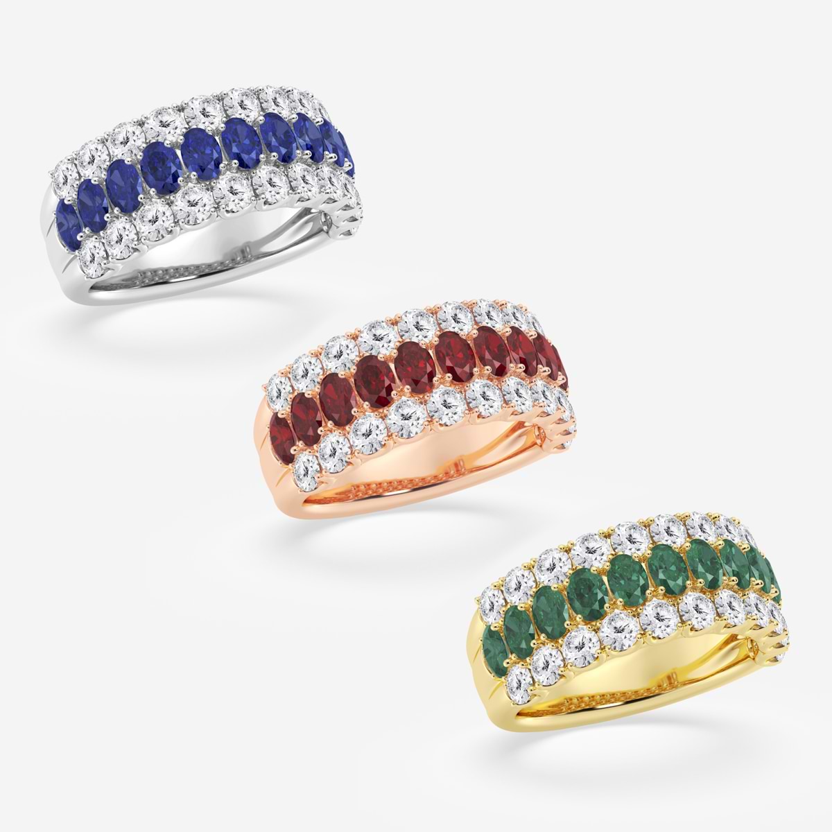 3.9x2.8 mm Oval Cut Created Emerald and 1 1/2 ctw Round Lab Grown Diamond Three Row Fashion Ring 14K Yellow Gold