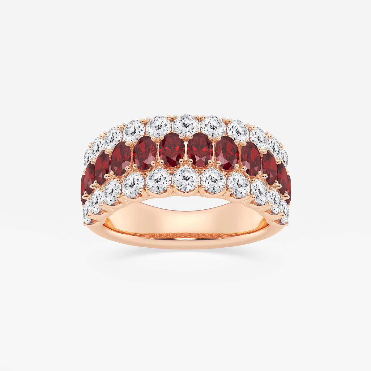 3.9x2.8 mm Oval Cut Created Ruby and 1 1/2 ctw Round Lab Grown Diamond Three Row Ring