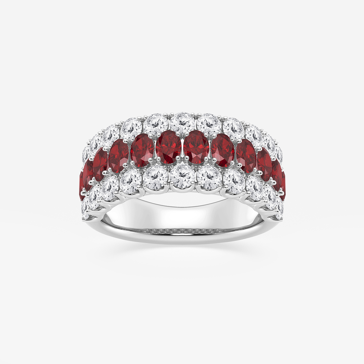 3.9x2.8 mm Oval Cut Created Ruby and 1 1/2 ctw Round Lab Grown Diamond Three Row Ring