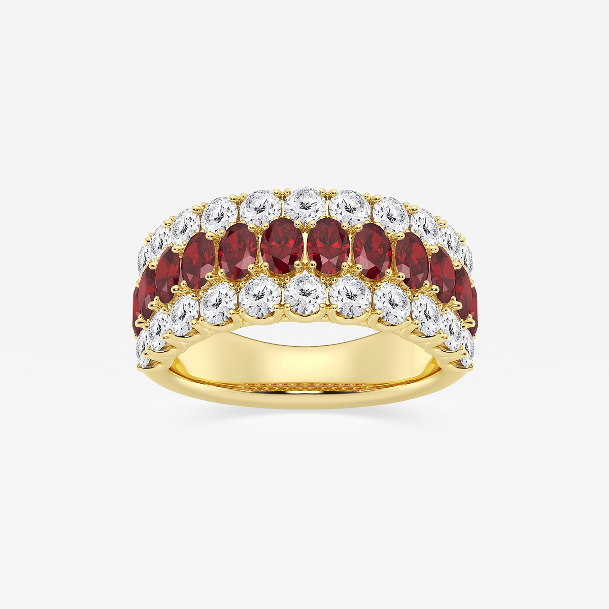 3.9x2.8 mm Oval Cut Created Ruby and 1 1/2 ctw Round Lab Grown Diamond Three Row Ring