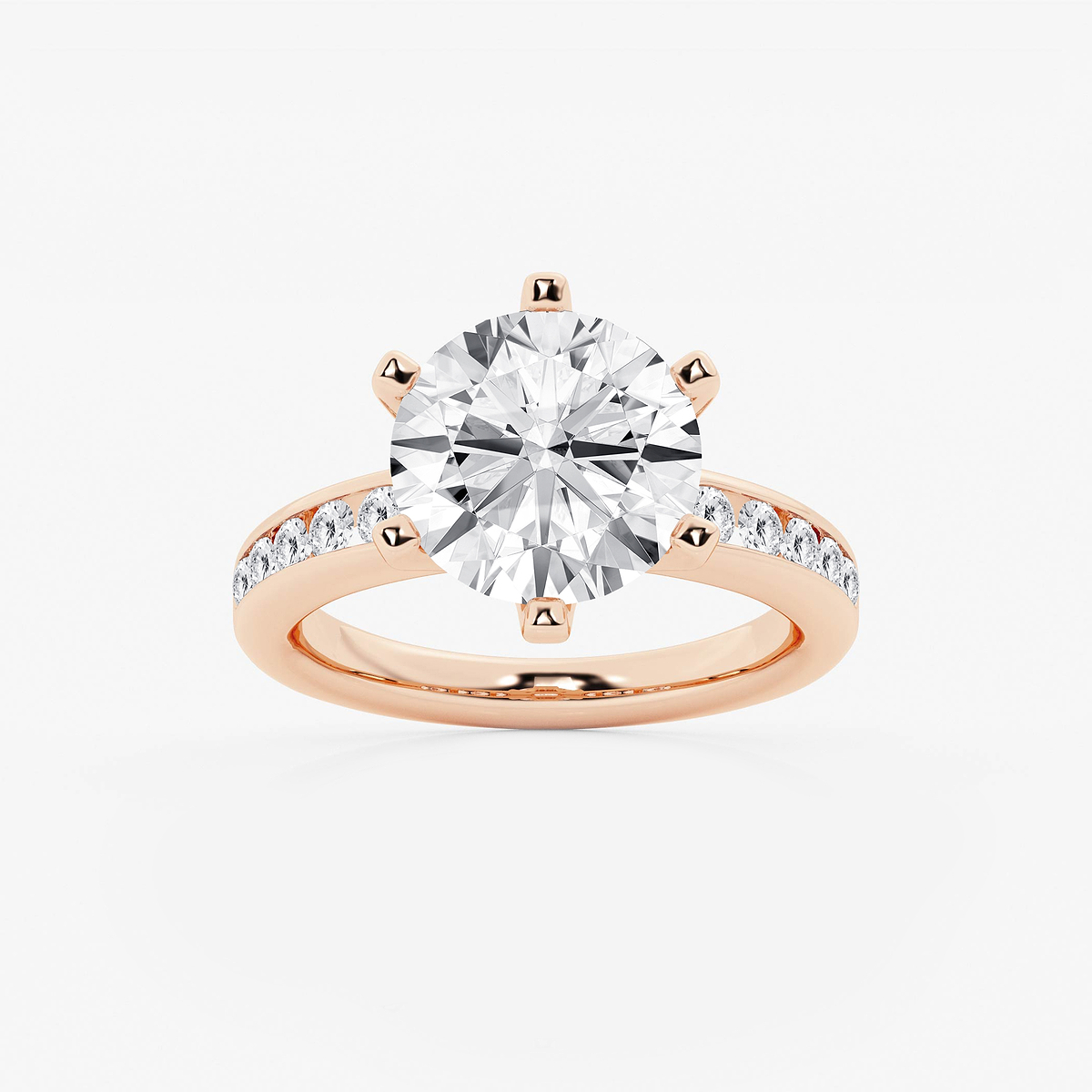 5 3/8 ctw Round Lab Grown Diamond Six Prong Channel Set Side Stone Engagement Ring