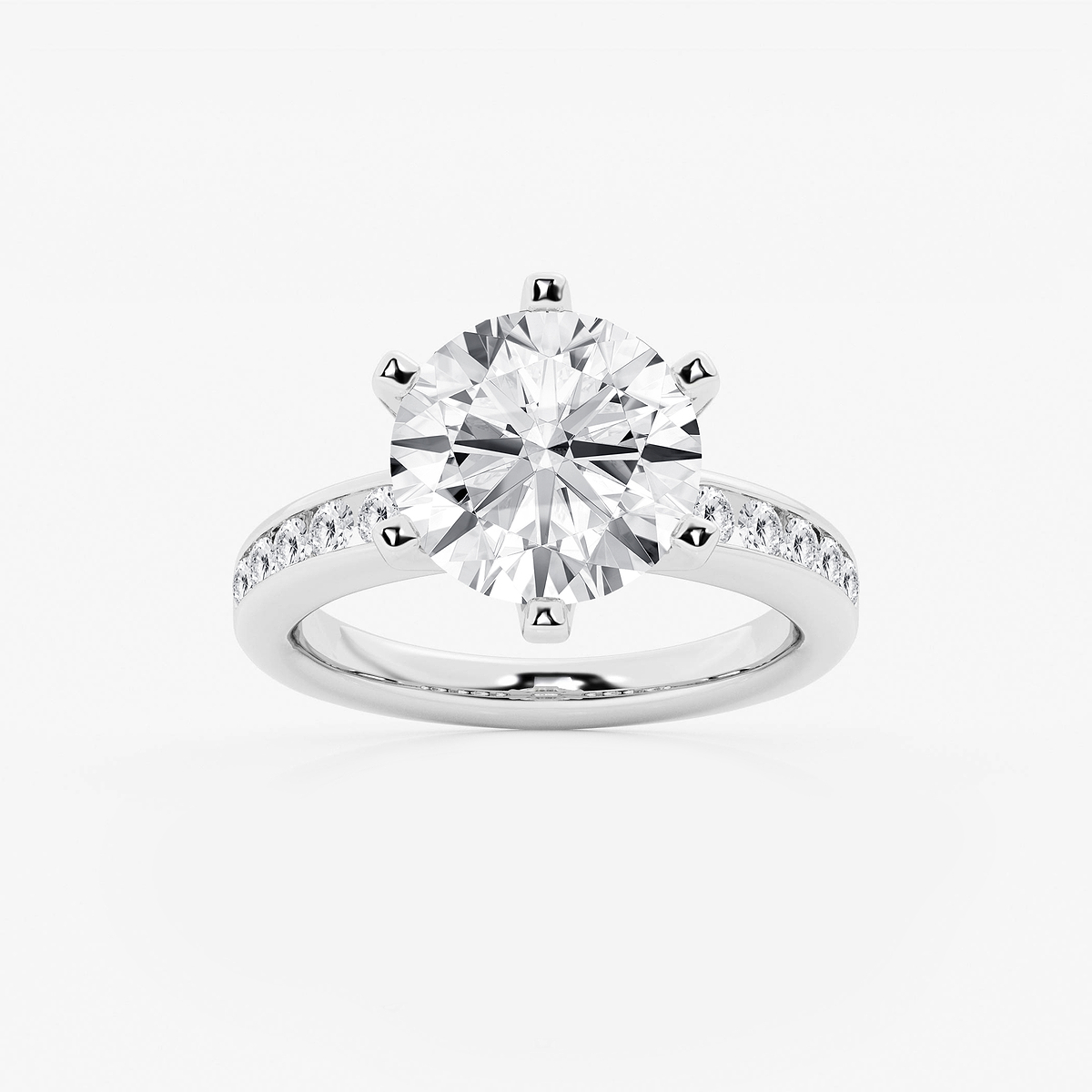 5 3/8 ctw Round Lab Grown Diamond Six Prong Channel Set Side Stone Engagement Ring