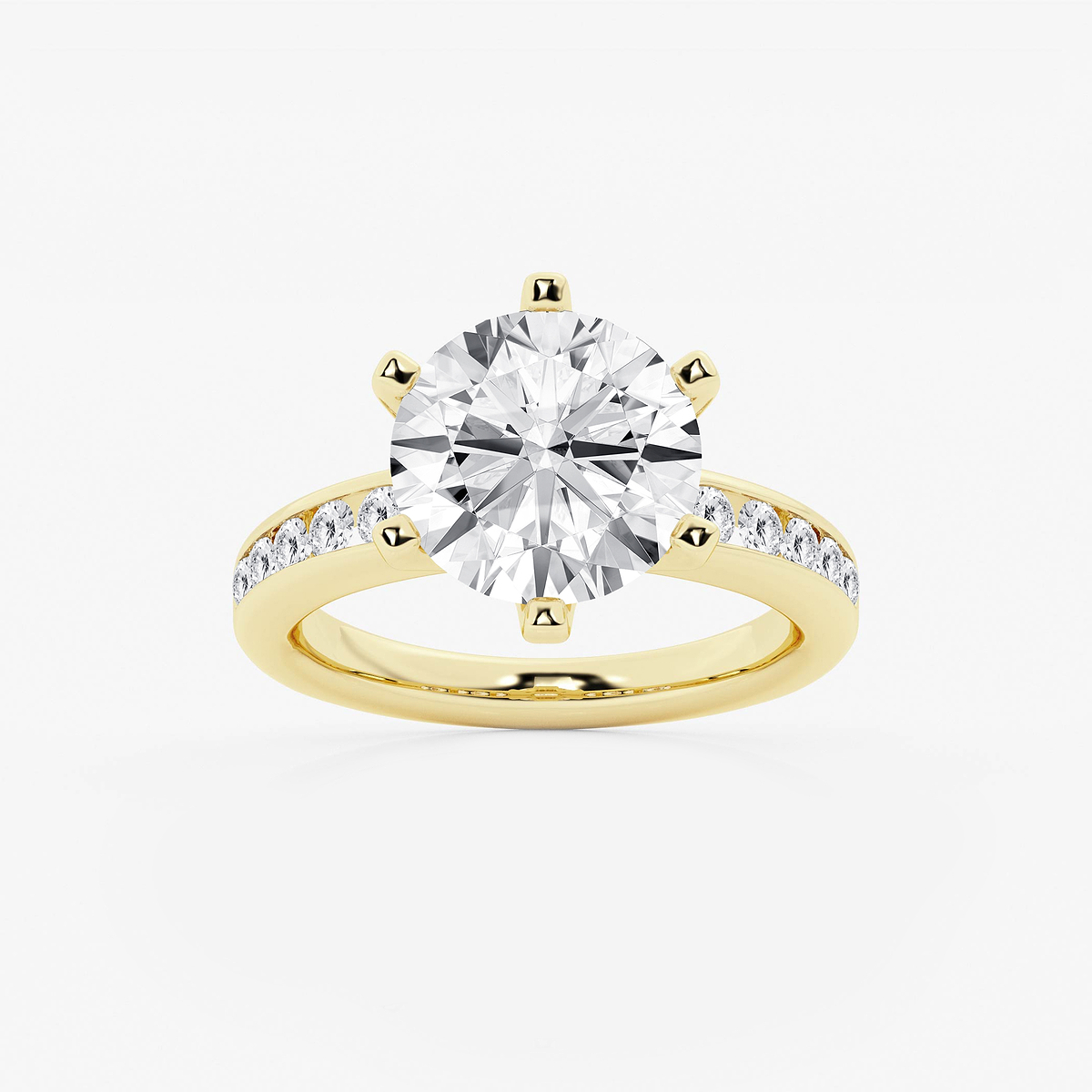 5 3/8 ctw Round Lab Grown Diamond Six Prong Channel Set Side Stone Engagement Ring