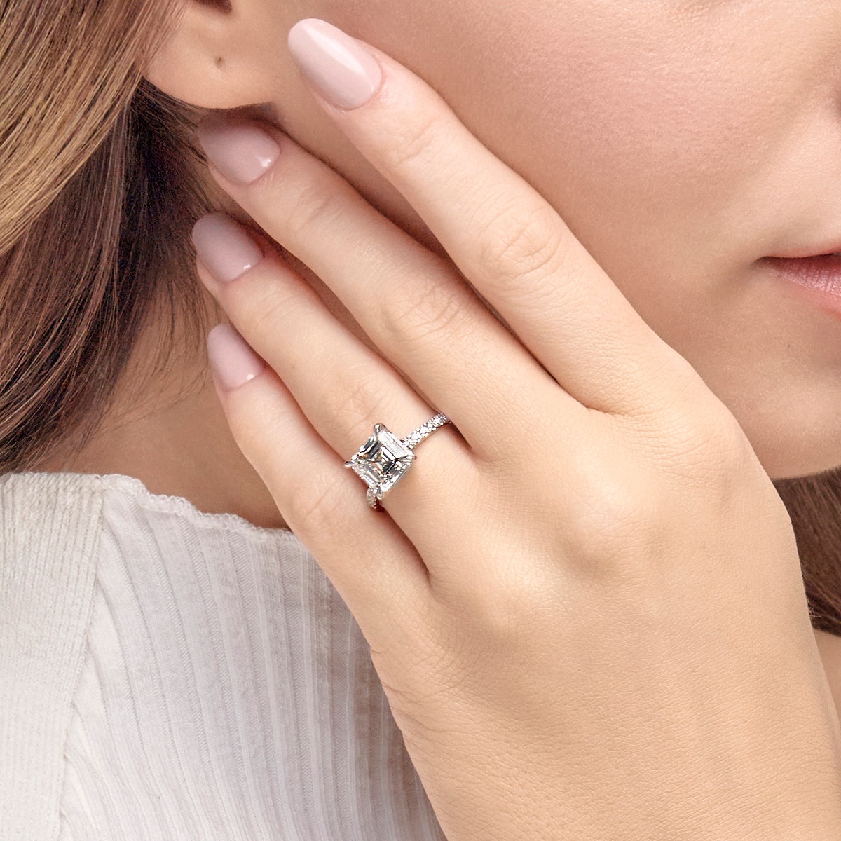 4 1/3 ctw Asscher Lab Grown Diamond Hidden Halo Engagement Ring