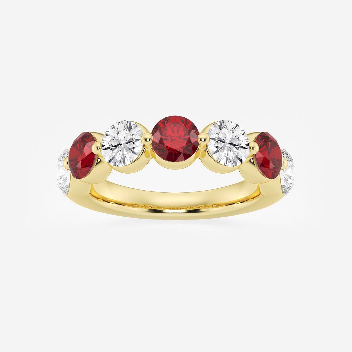 4.7 mm Round Cut Created Ruby and 1 7/8 ctw Round Lab Grown Diamond Anniversary Band 14K Yellow Gold