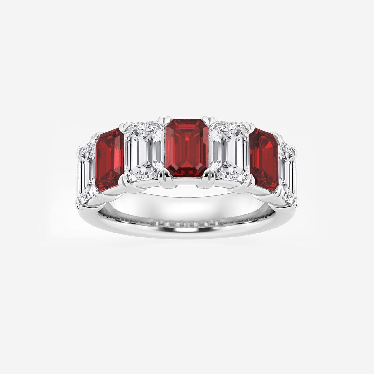 5.9x4.1 mm Emerald Cut Created Ruby and 2 7/8 ctw Emerald Lab Grown Diamond Anniversary Band Platinum