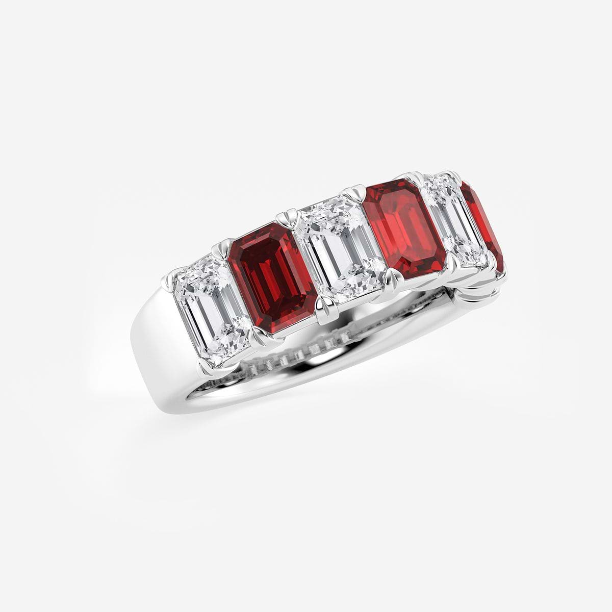 5.9x4.1 mm Emerald Cut Created Ruby and 2 7/8 ctw Emerald Lab Grown Diamond Anniversary Band Platinum