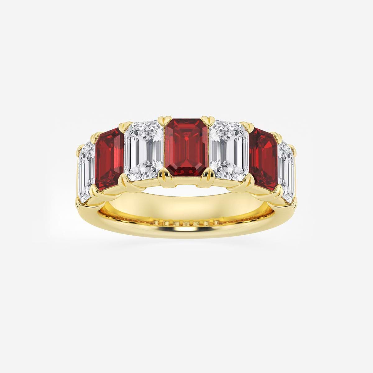 5.9x4.1 mm Emerald Cut Created Ruby and 2 7/8 ctw Emerald Lab Grown Diamond Anniversary Band 14K Yellow Gold