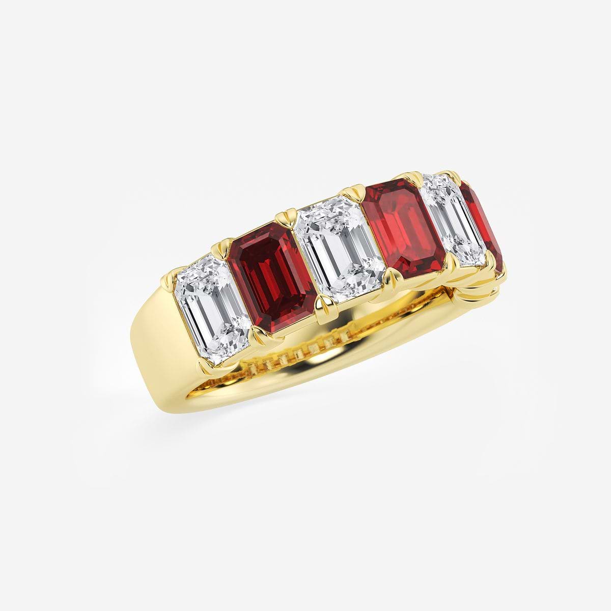 5.9x4.1 mm Emerald Cut Created Ruby and 2 7/8 ctw Emerald Lab Grown Diamond Anniversary Band 14K Yellow Gold