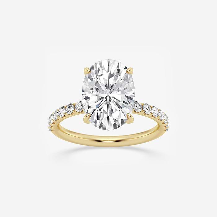 3 1/2 ctw Oval Lab Grown Diamond Side Stone Engagement Ring 14K Yellow Gold, D, VVS