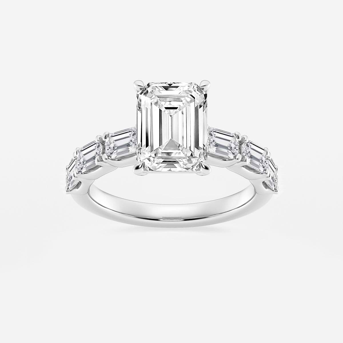 4 1/5 ctw Emerald Lab Grown Diamond Side Stone Solitaire Engagement Ring Platinum, E, VS1