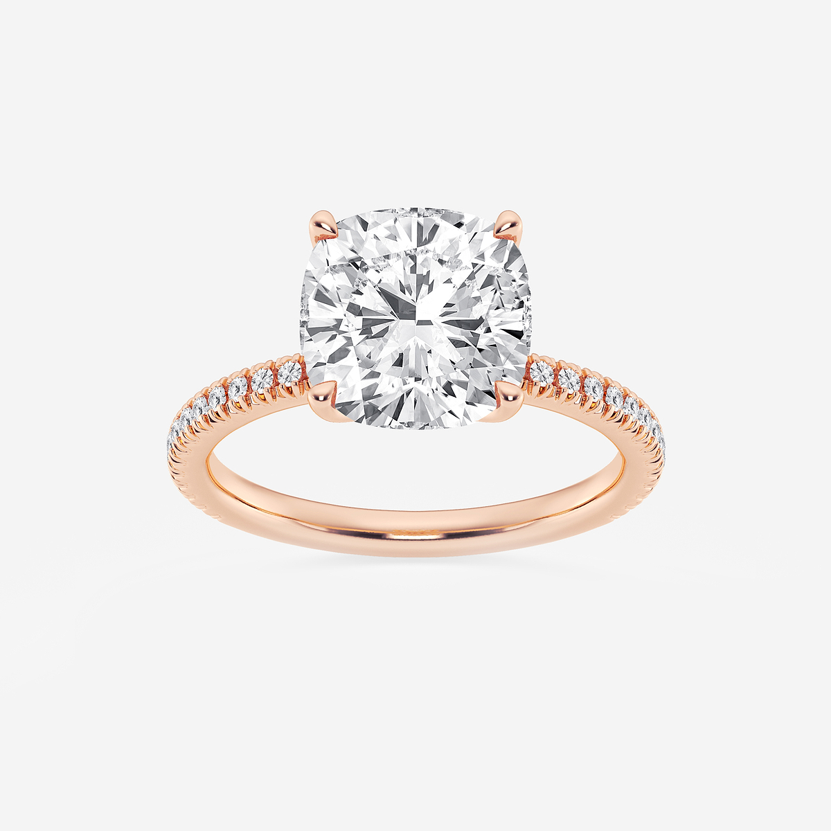 3 1/5 ctw Cushion Lab Grown Diamond Scalloped classic Pave Solitaire Engagement Ring with Side Stones