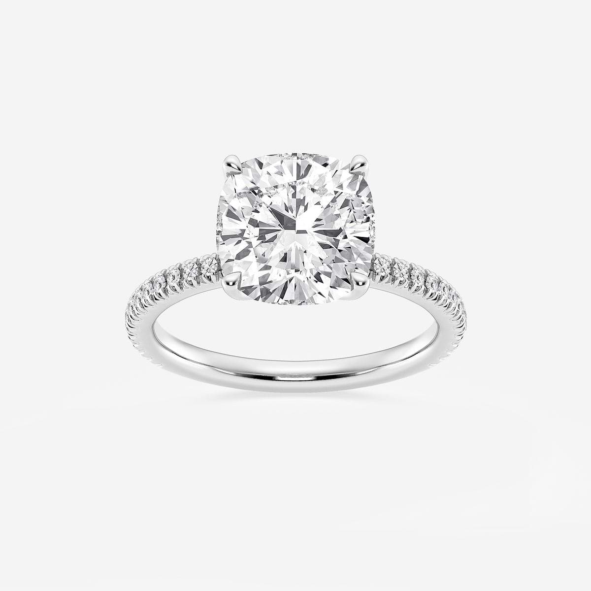 3 1/5 ctw Cushion Lab Grown Diamond Scalloped classic Pave Solitaire Engagement Ring with Side Stones 14K White Gold, F, VS2