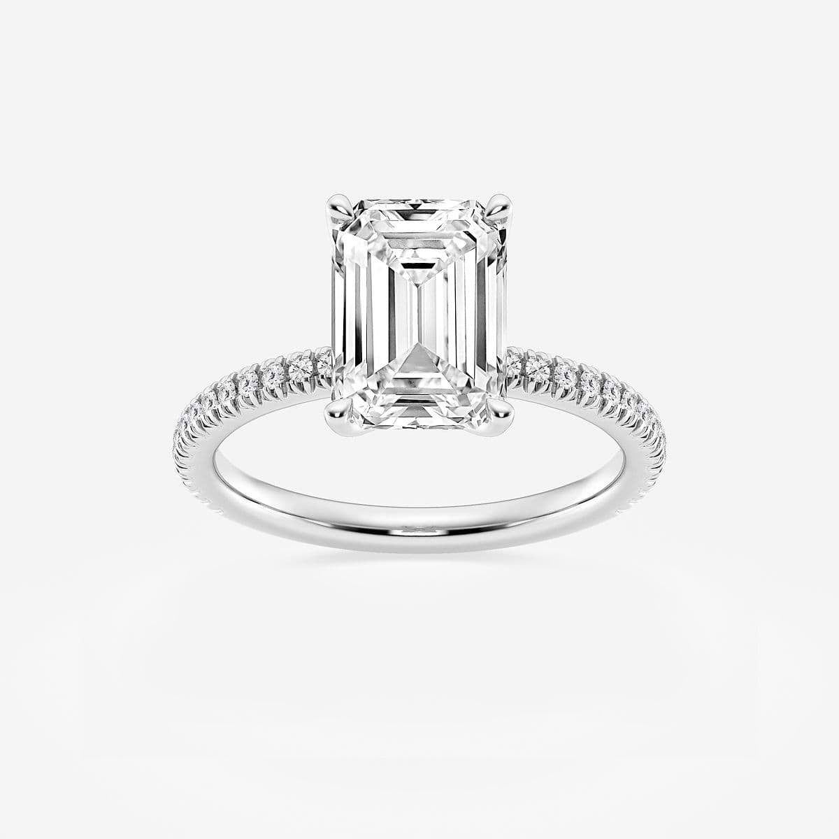 3 1/5 ctw Emerald Lab Grown Diamond Scalloped classic Pave Solitaire Engagement Ring with Side Stones