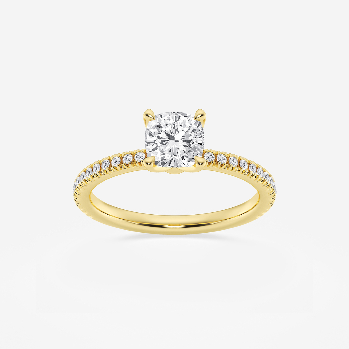 1 1/6 ctw Cushion Lab Grown Diamond Scalloped classic Pave Solitaire Engagement Ring with Side Stones