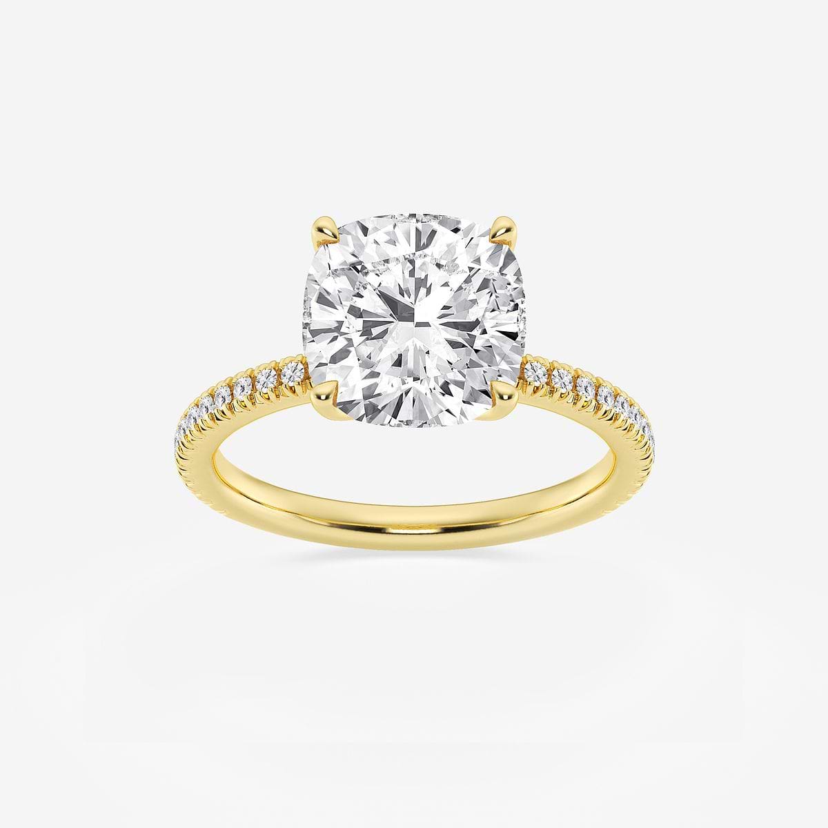 3 1/5 ctw Cushion Lab Grown Diamond Scalloped classic Pave Solitaire Engagement Ring with Side Stones 14K Yellow Gold, FG, VS2+