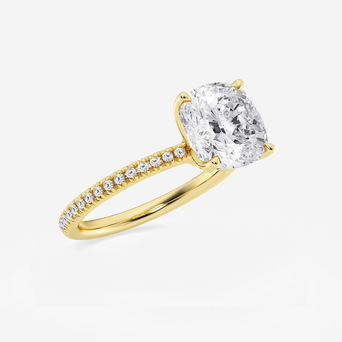 3 1/5 ctw Cushion Lab Grown Diamond Scalloped classic Pave Solitaire Engagement Ring with Side Stones 14K Yellow Gold, FG, VS2+