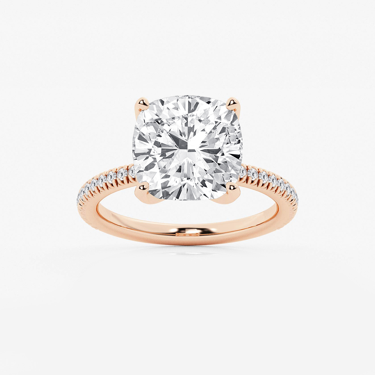 6 1/5 ctw Cushion Lab Grown Diamond Scalloped classic Pave Solitaire Engagement Ring with Side Stones