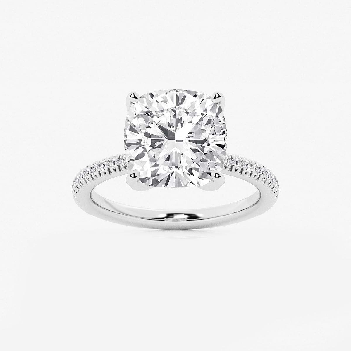 6 1/5 ctw Cushion Lab Grown Diamond Scalloped classic Pave Solitaire Engagement Ring with Side Stones 14K White Gold, F, VS2