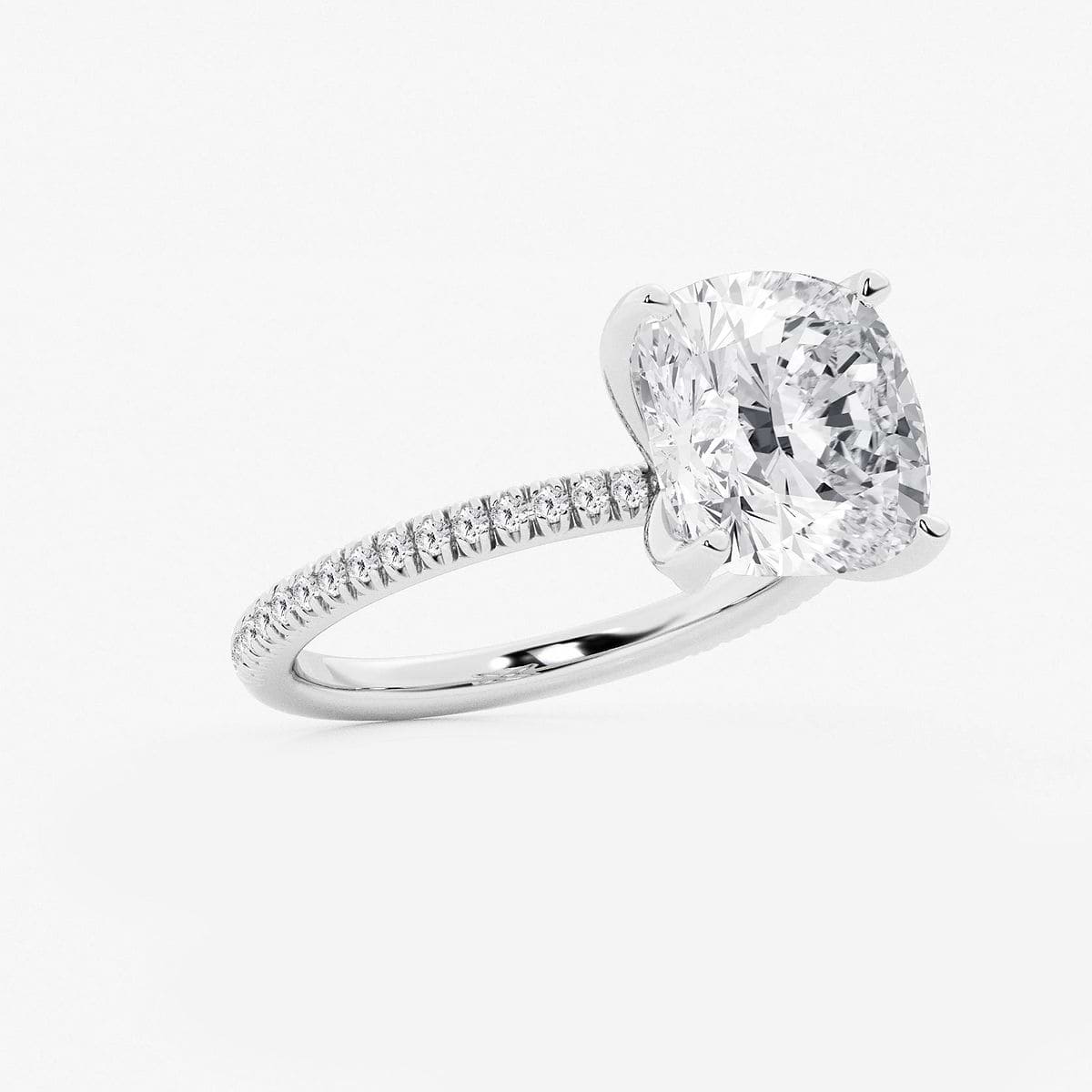 6 1/5 ctw Cushion Lab Grown Diamond Scalloped classic Pave Solitaire Engagement Ring with Side Stones 14K White Gold, F, VS2