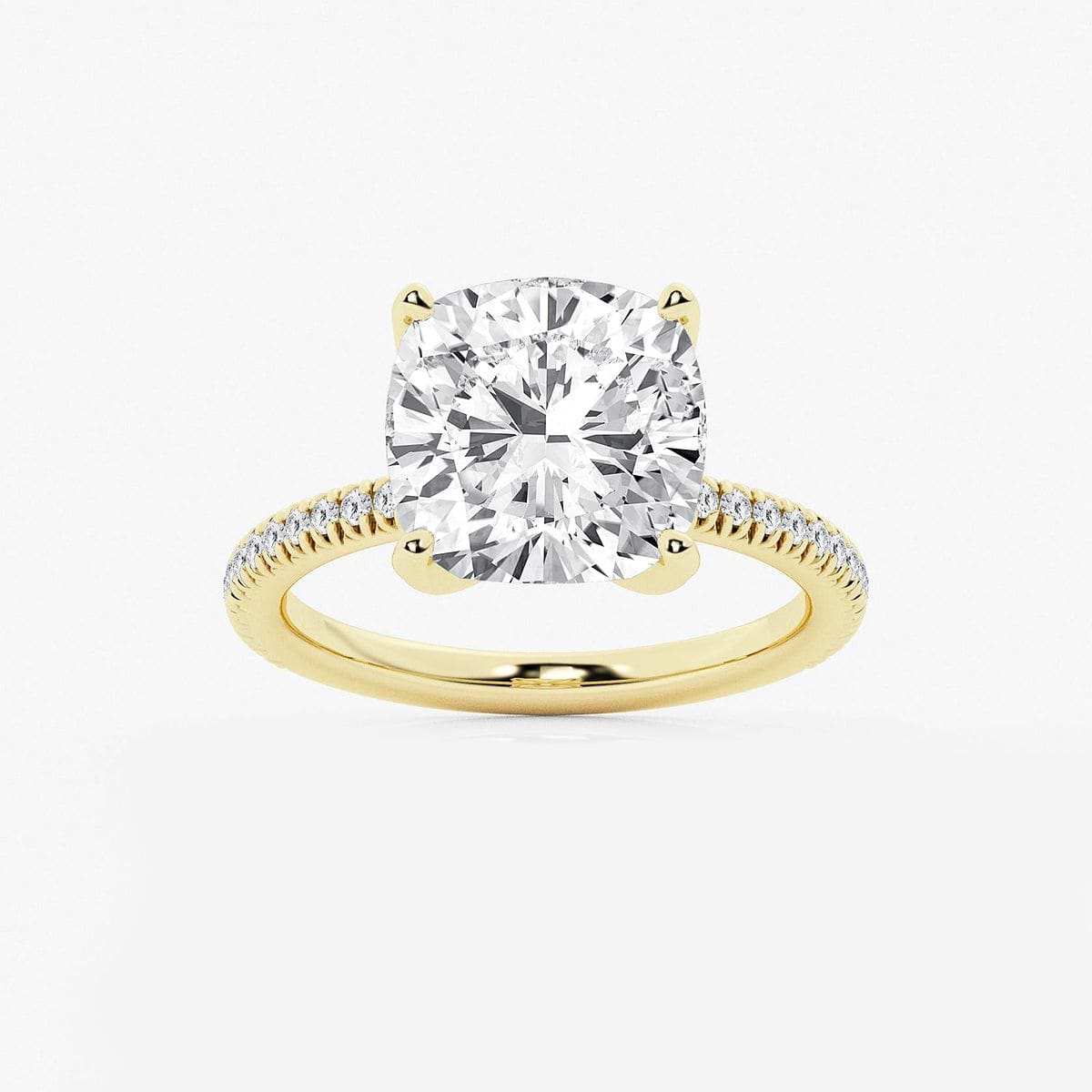 6 1/5 ctw Cushion Lab Grown Diamond Scalloped classic Pave Solitaire Engagement Ring with Side Stones 14K Yellow Gold, F, VS2