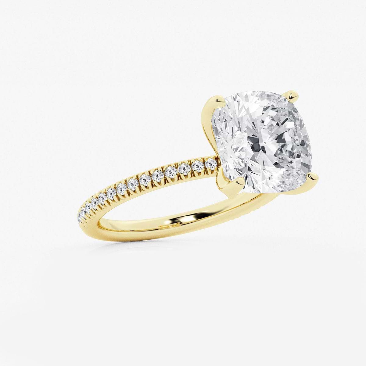 6 1/5 ctw Cushion Lab Grown Diamond Scalloped classic Pave Solitaire Engagement Ring with Side Stones 14K Yellow Gold, F, VS2