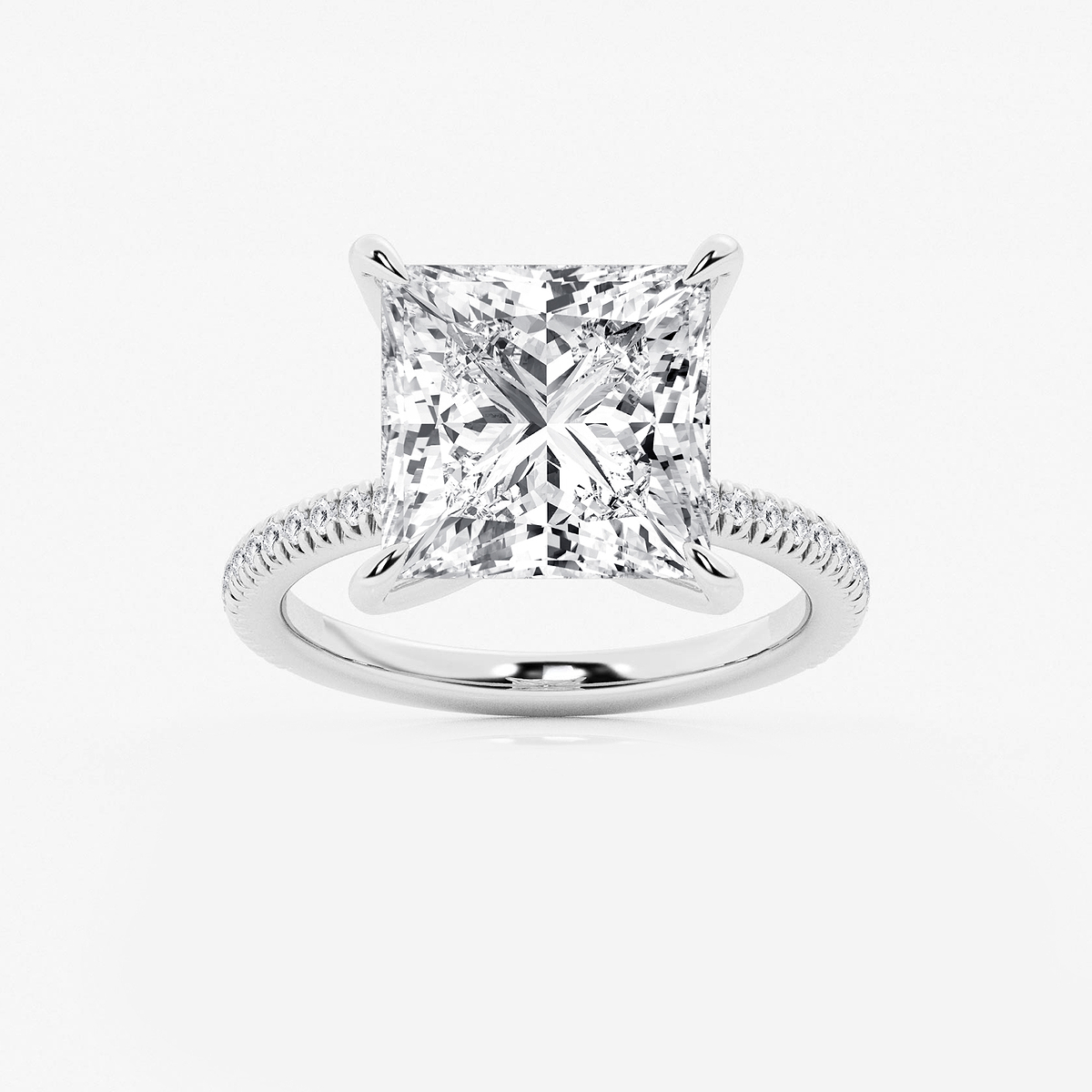 8 1/5 ctw Princess Lab Grown Diamond Scalloped classic Pave Solitaire Engagement Ring with Side Accents Platinum, F, VS2