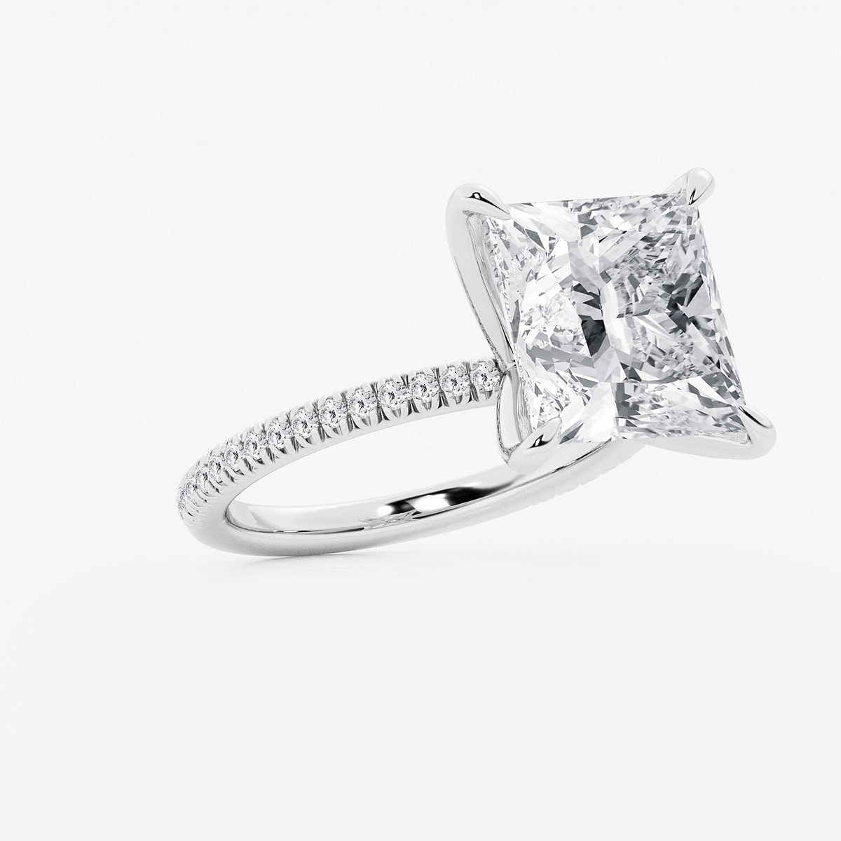 8 1/5 ctw Princess Lab Grown Diamond Scalloped classic Pave Solitaire Engagement Ring with Side Accents Platinum, F, VS2