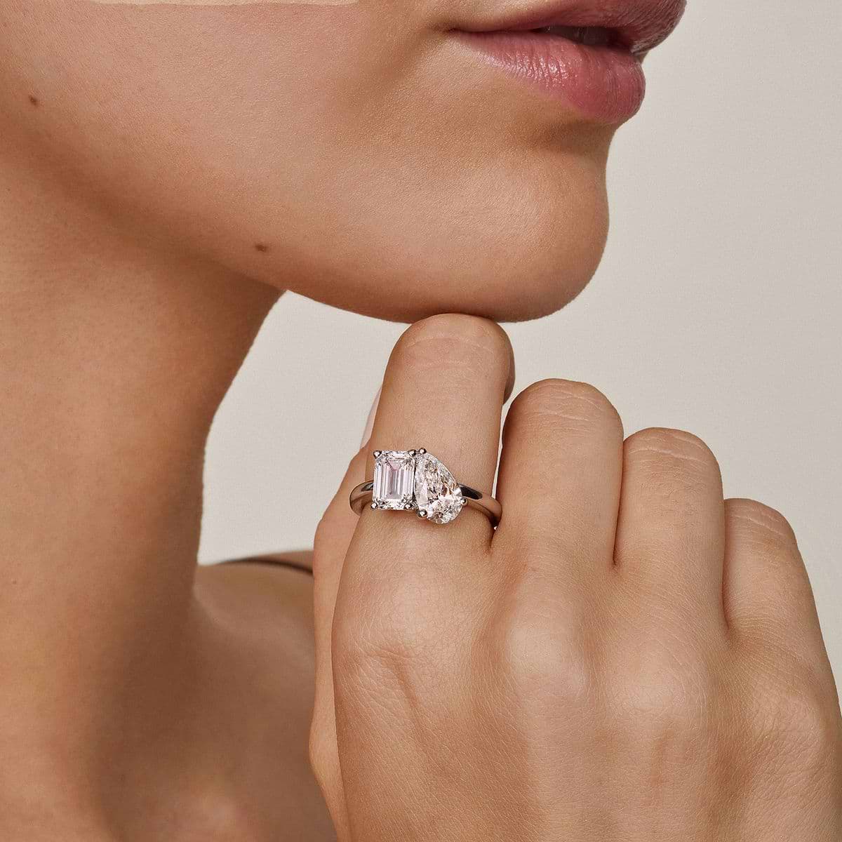4 ctw Toi Et Moi Pear and Emerald Engagement Ring 14K White Gold, FG, VS2+