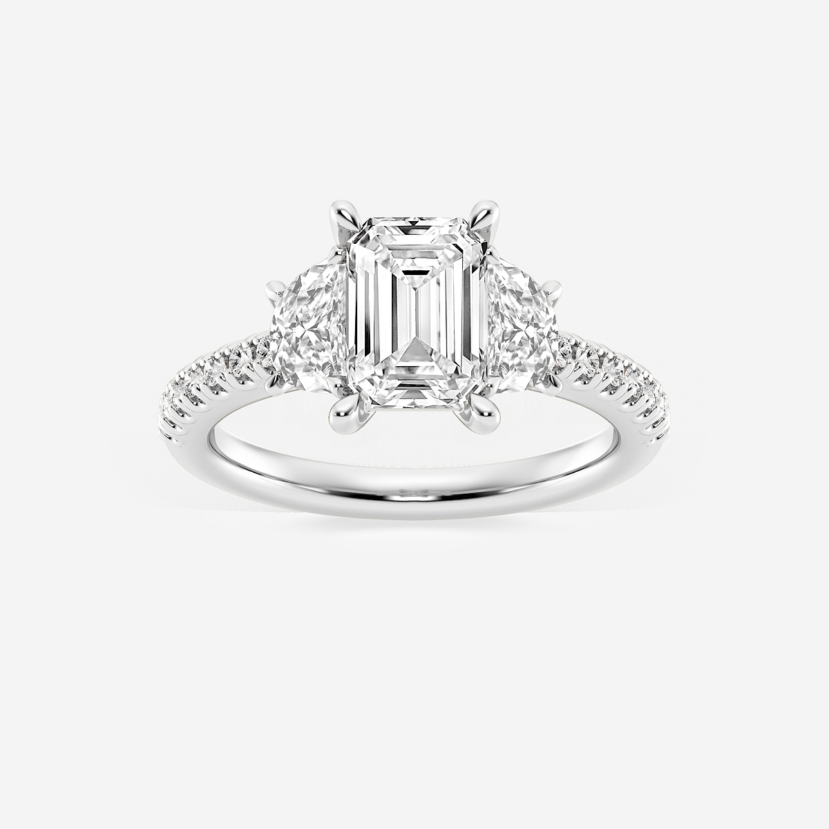 3 ctw Emerald Lab Grown Diamond Three-Stone Engagement Ring with Half Moon sides
