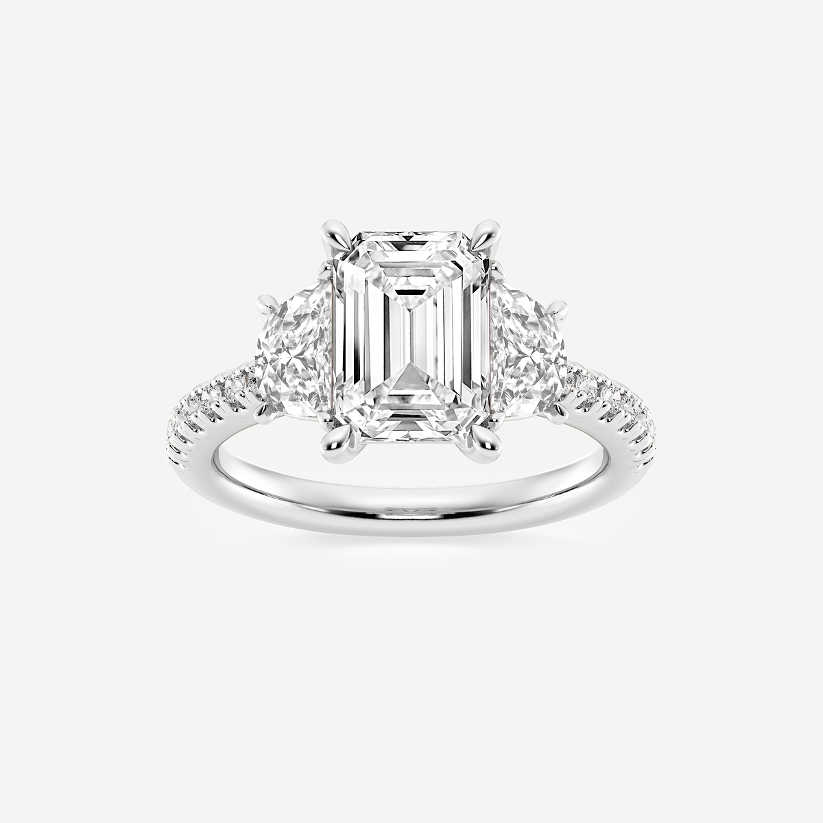 4 1/5 ctw Emerald Lab Grown Diamond Three-Stone Engagement Ring with Half Moon sides