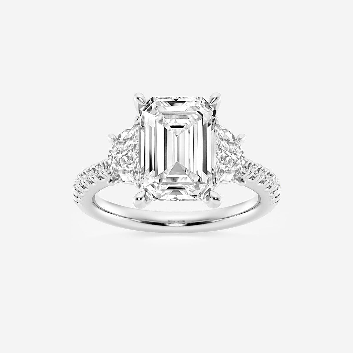 6 1/5 ctw Emerald Lab Grown Diamond Three-Stone Engagement Ring with Half Moon sides