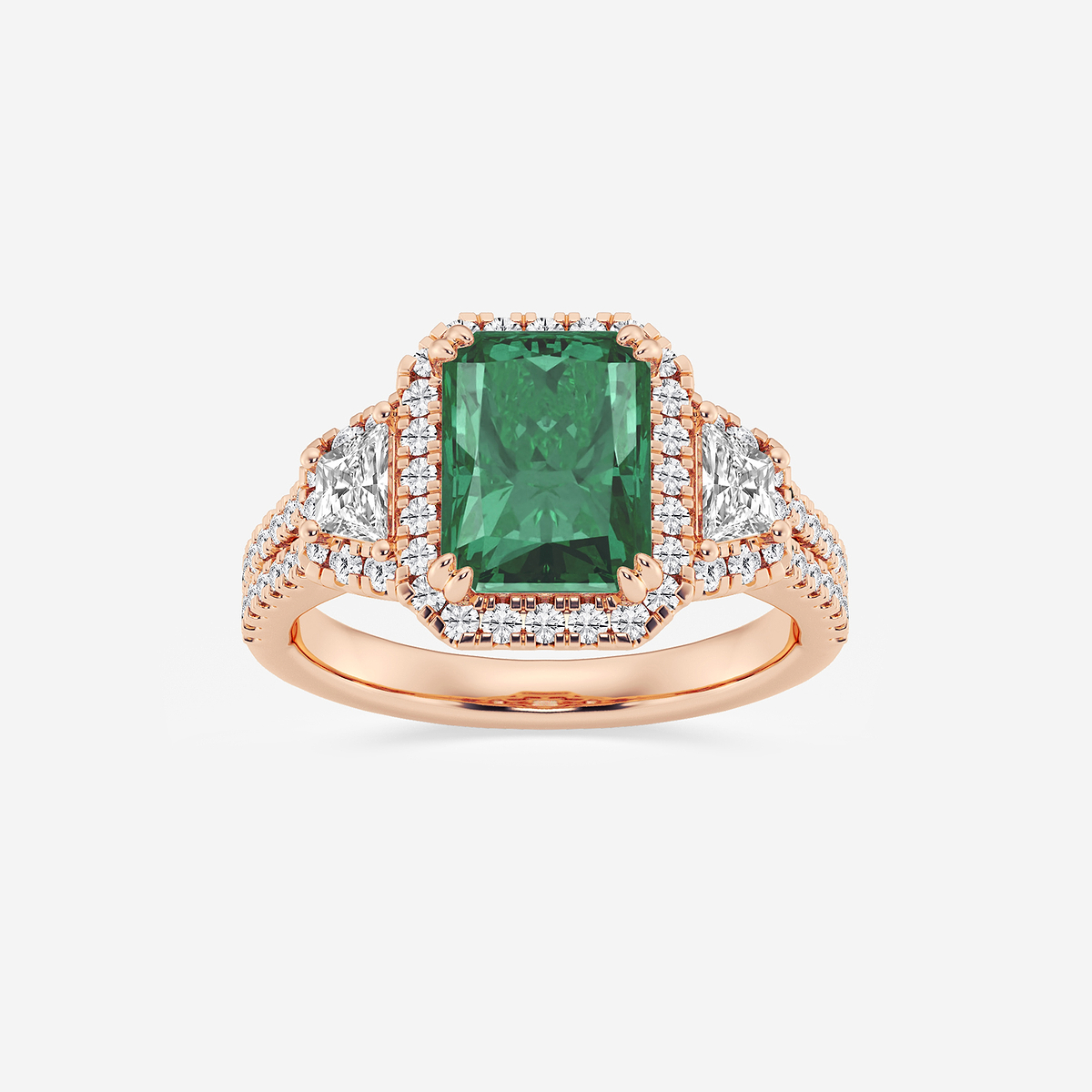 3 1/4 ctw Radiant Cut Emerald with Round & Trapezoid Lab Grown Diamond Side Stone Engagement Ring