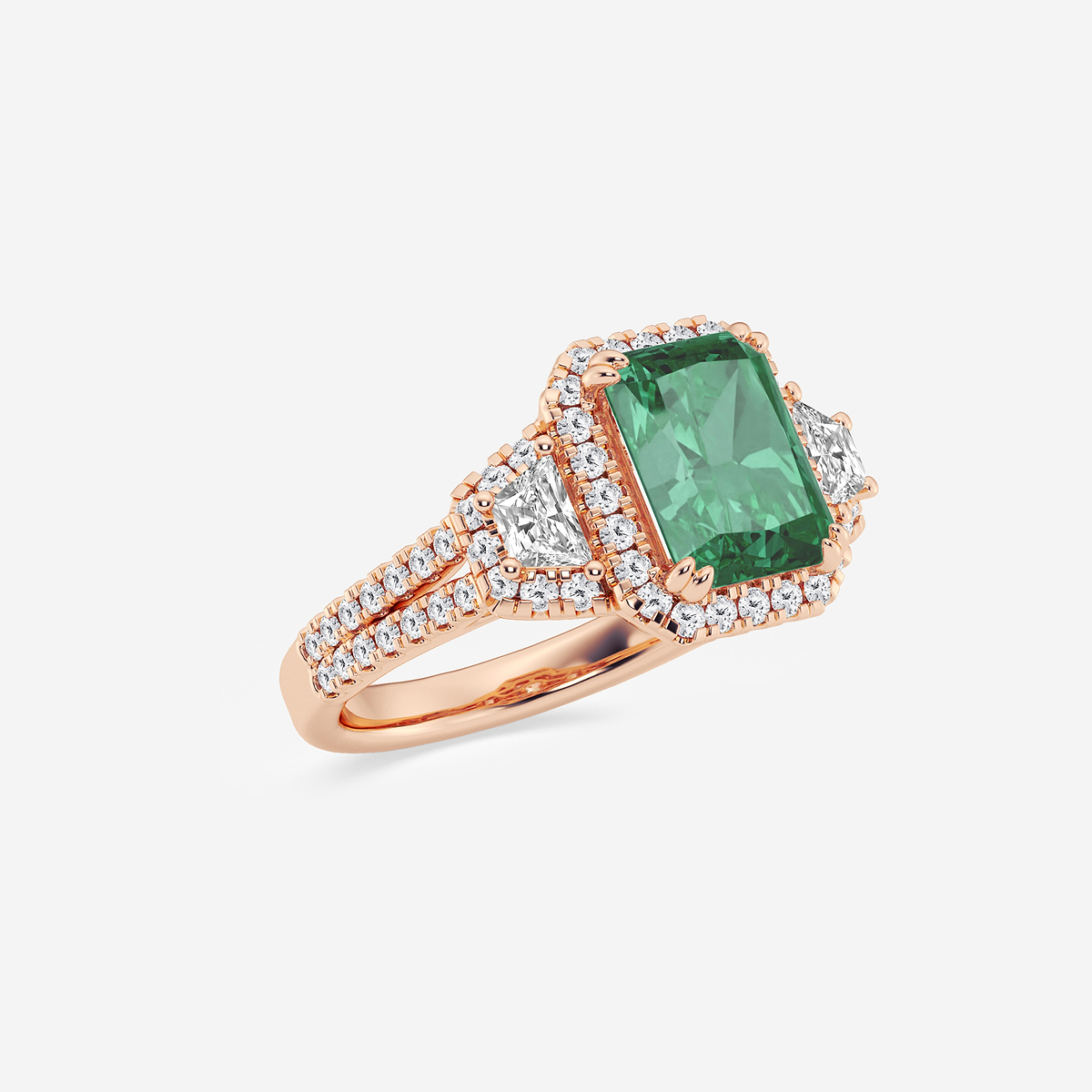Additional Image 1 for  3 1/4 ctw Radiant Cut Emerald with Round & Trapezoid Lab Grown Diamond Side Stone Engagement Ring