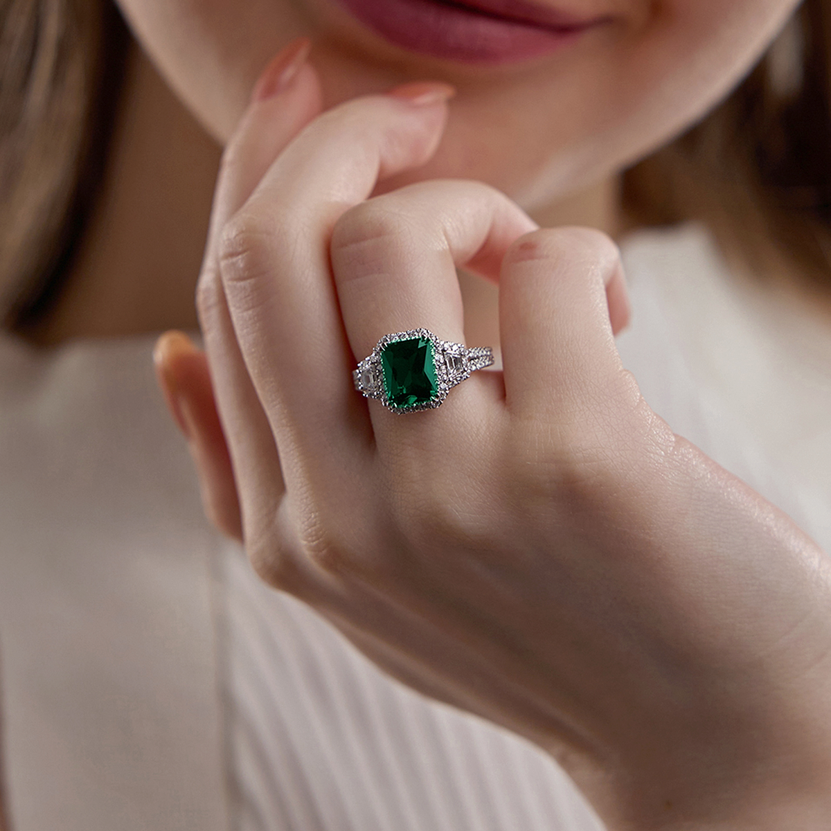 3 1/4 ctw Radiant Cut Emerald with Round & Trapezoid Lab Grown Diamond Side Stone Engagement Ring