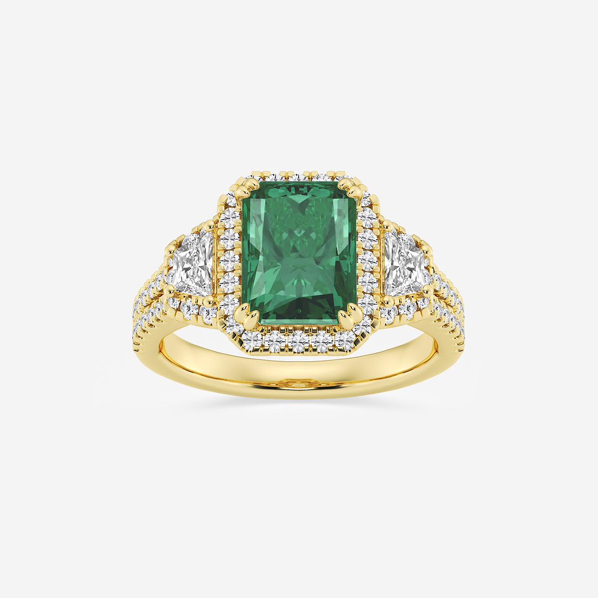 3 1/4 ctw Radiant Cut Emerald with Round & Trapezoid Lab Grown Diamond Side Stone Engagement Ring