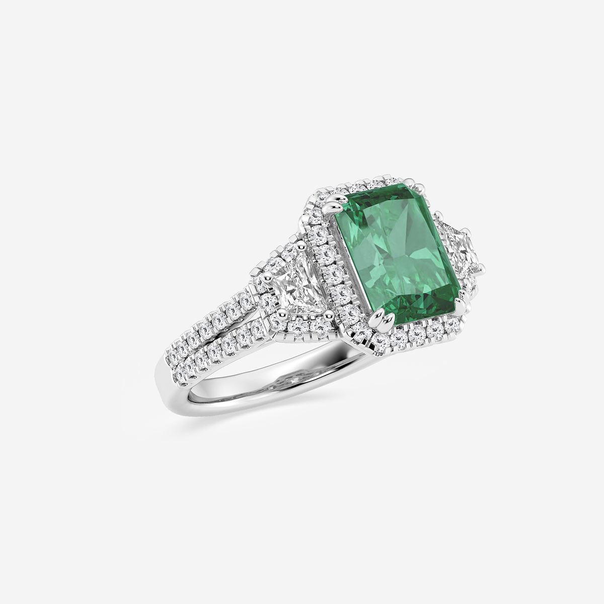 Additional Image 1 for  3 1/4 ctw Radiant Cut Emerald with Round & Trapezoid Lab Grown Diamond Side Stone Engagement Ring