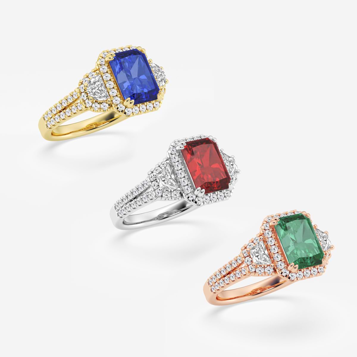 Additional Image 2 for  3 1/4 ctw Radiant Cut Sapphire with Round & Trapezoid Lab Grown Diamond Side Stone Engagement Ring