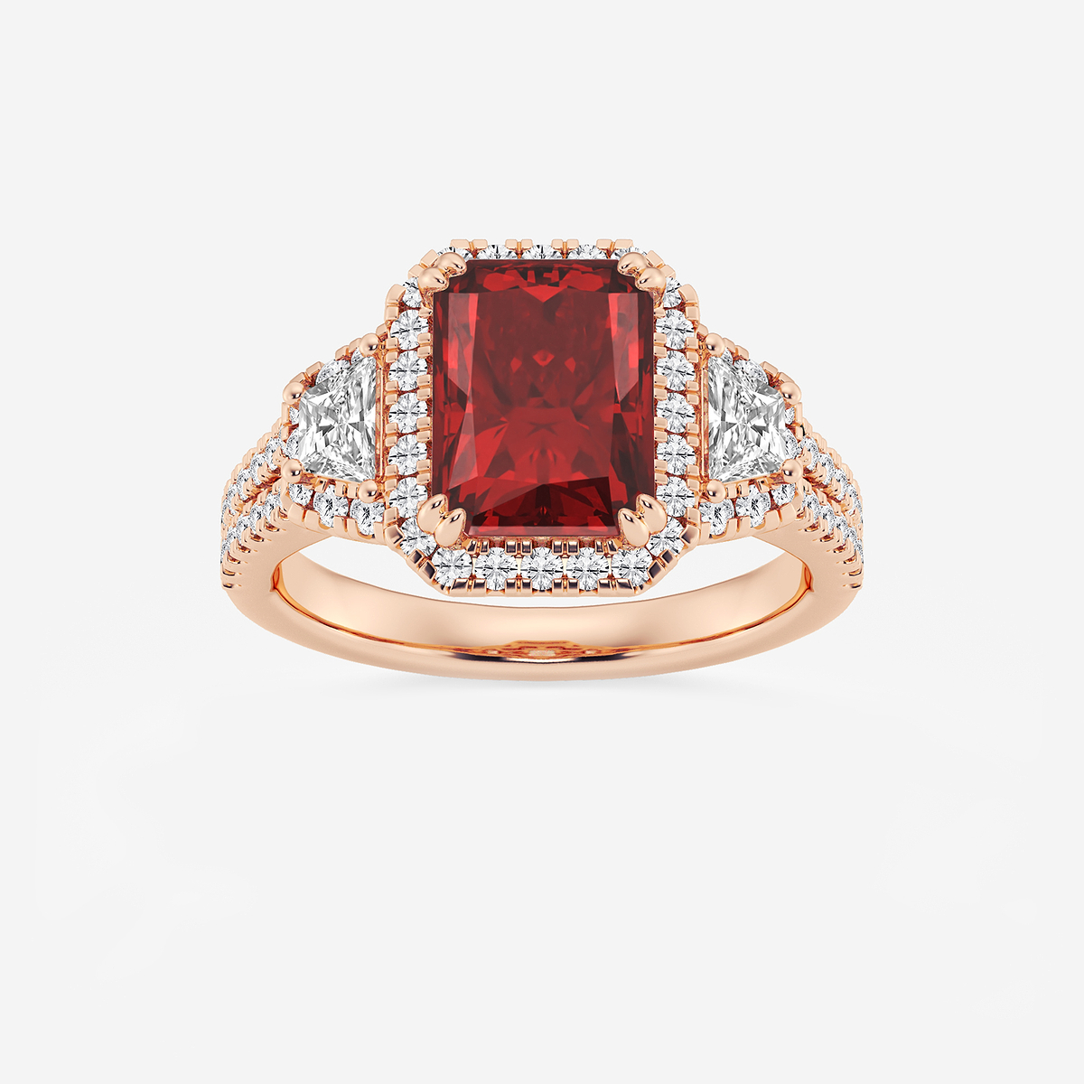 3 1/4 ctw Radiant Cut Ruby with Round & Trapezoid Lab Grown Diamond Side Stone Engagement Ring